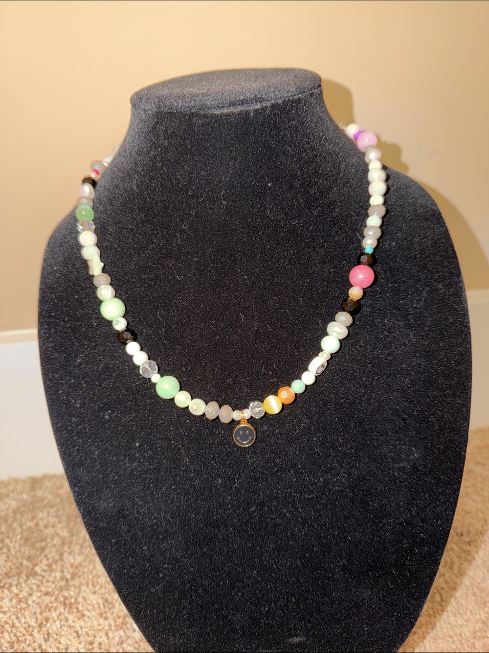 Pastel Multicolor Beaded Necklace with Smiley Charm - Women Jewelry
